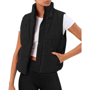 imageAUTOMET Puffer Vest Women Sleeveless Winter Cropped Outerwear Warm Puffer Lightweight Standup Collar Down with PocketsBlack