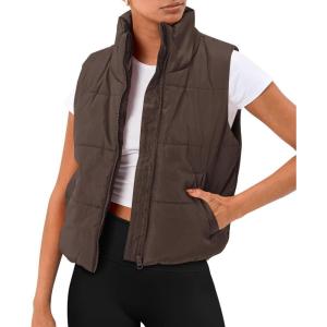 imageAUTOMET Puffer Vest Women Sleeveless Winter Cropped Outerwear Warm Puffer Lightweight Standup Collar Down with PocketsCoffee
