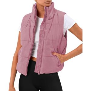 imageAUTOMET Puffer Vest Women Sleeveless Winter Cropped Outerwear Warm Puffer Lightweight Standup Collar Down with PocketsDarkpink