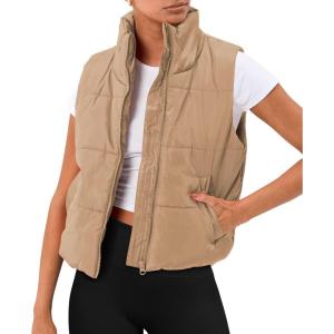 imageAUTOMET Puffer Vest Women Sleeveless Winter Cropped Outerwear Warm Puffer Lightweight Standup Collar Down with PocketsKhaki