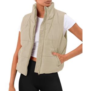 imageAUTOMET Puffer Vest Women Sleeveless Winter Cropped Outerwear Warm Puffer Lightweight Standup Collar Down with PocketsLight Khaki