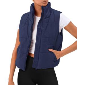 imageAUTOMET Puffer Vest Women Sleeveless Winter Cropped Outerwear Warm Puffer Lightweight Standup Collar Down with PocketsNavy
