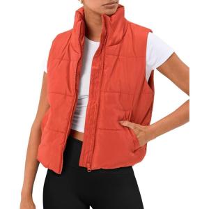 imageAUTOMET Puffer Vest Women Sleeveless Winter Cropped Outerwear Warm Puffer Lightweight Standup Collar Down with PocketsOrange