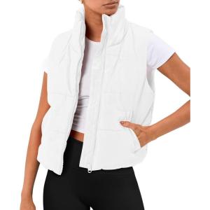 imageAUTOMET Puffer Vest Women Sleeveless Winter Cropped Outerwear Warm Puffer Lightweight Standup Collar Down with PocketsWhite