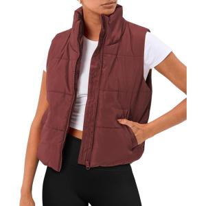 imageAUTOMET Puffer Vest Women Sleeveless Winter Cropped Outerwear Warm Puffer Lightweight Standup Collar Down with PocketsWine Red