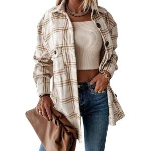 imageAUTOMET Womens Fall Outfits Fashion Clothes Shackets Flannel Plaid Button Down Long Sleeve Shirts JacketsKhaki