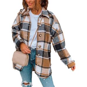 imageAUTOMET Womens Fall Outfits Fashion Clothes Shackets Flannel Plaid Button Down Long Sleeve Shirts JacketsKhakigrey