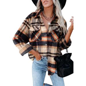 imageAUTOMET Womens Fall Outfits Fashion Clothes Shackets Flannel Plaid Button Down Long Sleeve Shirts JacketsOrangeblack