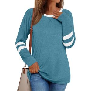 imageAUTOMET Womens Long Sleeve Shirts Color Block Casual Crewneck Tops Tshirt Basic Tee Fall Fashion Clothes Trendy OutfitsBluegreen