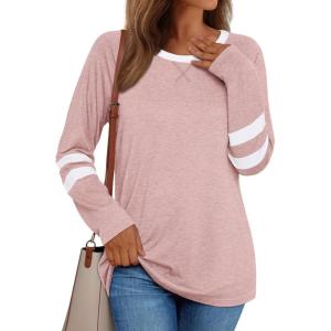 imageAUTOMET Womens Long Sleeve Shirts Color Block Casual Crewneck Tops Tshirt Basic Tee Fall Fashion Clothes Trendy OutfitsPink