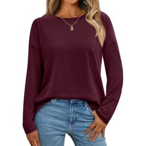 imageAUTOMET Womens Long Sleeve Shirts Loose Fitted Crewneck Basic Tops Casual Outfits Fall Clothes 2025Wine Red