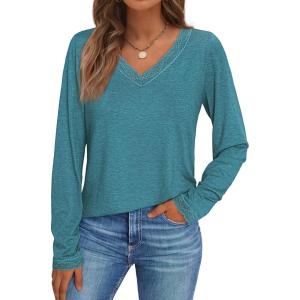 imageAUTOMET Long Sleeve T Shirts for Women Lace V Neck Casual Cute Tops Loose Fit Fall Winter Basic ClothingBluegreen