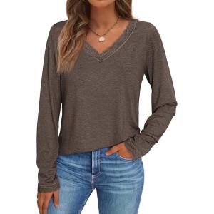 imageAUTOMET Long Sleeve T Shirts for Women Lace V Neck Casual Cute Tops Loose Fit Fall Winter Basic ClothingCoffeegrey