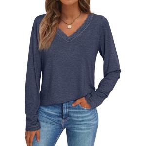 imageAUTOMET Long Sleeve T Shirts for Women Lace V Neck Casual Cute Tops Loose Fit Fall Winter Basic ClothingDarkblue