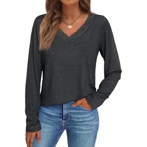 imageAUTOMET Long Sleeve T Shirts for Women Lace V Neck Casual Cute Tops Loose Fit Fall Winter Basic ClothingGrey