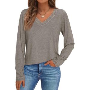 imageAUTOMET Long Sleeve T Shirts for Women Lace V Neck Casual Cute Tops Loose Fit Fall Winter Basic ClothingKhaki