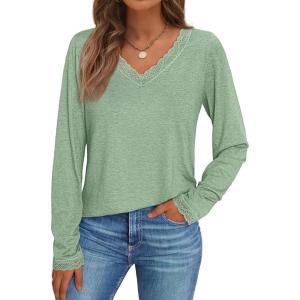 imageAUTOMET Long Sleeve T Shirts for Women Lace V Neck Casual Cute Tops Loose Fit Fall Winter Basic ClothingLightgreen