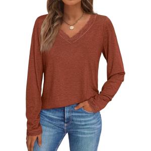 imageAUTOMET Long Sleeve T Shirts for Women Lace V Neck Casual Cute Tops Loose Fit Fall Winter Basic ClothingMaple