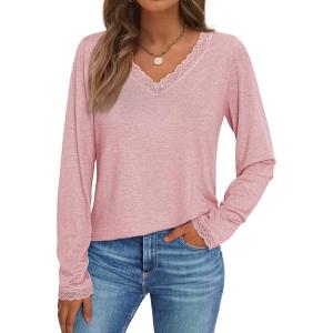 imageAUTOMET Long Sleeve T Shirts for Women Lace V Neck Casual Cute Tops Loose Fit Fall Winter Basic ClothingPink