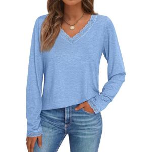 imageAUTOMET Long Sleeve T Shirts for Women Lace V Neck Casual Cute Tops Loose Fit Fall Winter Basic ClothingSkyblue