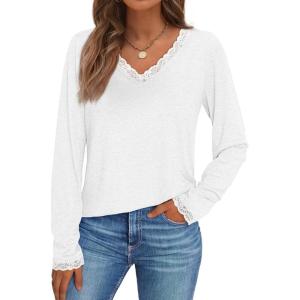 imageAUTOMET Long Sleeve T Shirts for Women Lace V Neck Casual Cute Tops Loose Fit Fall Winter Basic ClothingWhite
