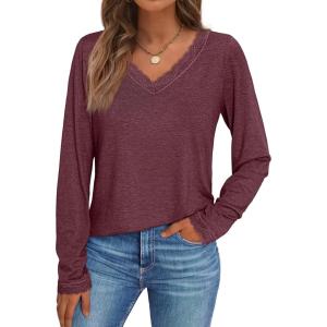 imageAUTOMET Long Sleeve T Shirts for Women Lace V Neck Casual Cute Tops Loose Fit Fall Winter Basic ClothingWinered