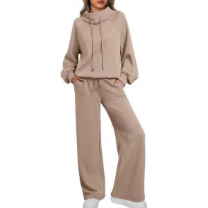 imageAUTOMET Lounge Sets for Women Sweatsuits 2 Piece Outfits 2025 Fall Drawstring Sweatshirt Wide Leg Sweatpants TracksuitKhaki