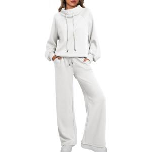 imageAUTOMET Lounge Sets for Women Sweatsuits 2 Piece Outfits 2025 Fall Drawstring Sweatshirt Wide Leg Sweatpants TracksuitWhite