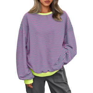 imageAUTOMET Oversized Sweatshirt for Women 2025 Fall Crewneck Striped Long Sleeve Shirts Hoodies Preppy Top Y2K Outfits PinkGreen M