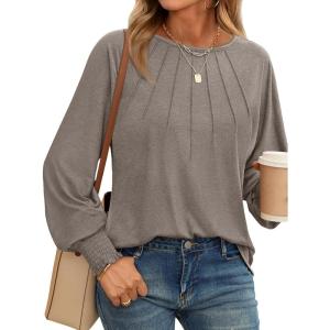 imageAUTOMET Womens Fall Fashion Long Sleeve Shirts Dressy Casual Pleated Basic Trendy Tops Winter Clothes 2025Coffee Grey