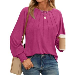 imageAUTOMET Womens Fall Fashion Long Sleeve Shirts Dressy Casual Pleated Basic Trendy Tops Winter Clothes 2025Hot Pink