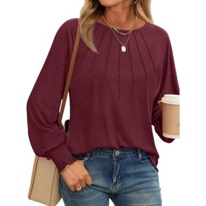 imageAUTOMET Womens Fall Fashion Long Sleeve Shirts Dressy Casual Pleated Basic Trendy Tops Winter Clothes 2025Wine Red