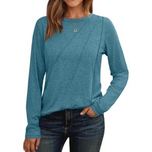 imageAUTOMET Womens Long Sleeve Shirts Pleated Crew Neck Casual Fall Fashion Tops Loose Fit Lightweight Girls Outfits ClothesBluegreen