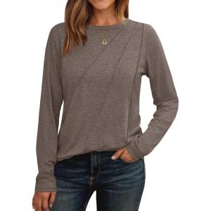 imageAUTOMET Womens Long Sleeve Shirts Pleated Crew Neck Casual Fall Fashion Tops Loose Fit Lightweight Girls Outfits ClothesCoffeegrey