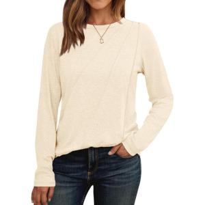 imageAUTOMET Womens Long Sleeve Shirts Pleated Crew Neck Casual Fall Fashion Tops Loose Fit Lightweight Girls Outfits ClothesCream