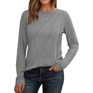 imageAUTOMET Womens Long Sleeve Shirts Pleated Crew Neck Casual Fall Fashion Tops Loose Fit Lightweight Girls Outfits ClothesGrey