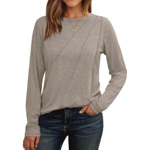 imageAUTOMET Womens Long Sleeve Shirts Pleated Crew Neck Casual Fall Fashion Tops Loose Fit Lightweight Girls Outfits ClothesKhaki