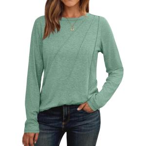 imageAUTOMET Womens Long Sleeve Shirts Pleated Crew Neck Casual Fall Fashion Tops Loose Fit Lightweight Girls Outfits ClothesLightgreen