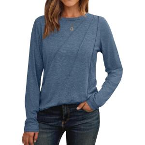 imageAUTOMET Womens Long Sleeve Shirts Pleated Crew Neck Casual Fall Fashion Tops Loose Fit Lightweight Girls Outfits ClothesNavy