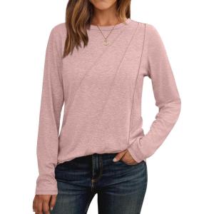 imageAUTOMET Womens Long Sleeve Shirts Pleated Crew Neck Casual Fall Fashion Tops Loose Fit Lightweight Girls Outfits ClothesPink