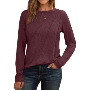 imageAUTOMET Womens Long Sleeve Shirts Pleated Crew Neck Casual Fall Fashion Tops Loose Fit Lightweight Girls Outfits ClothesWinered