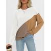 imageAUTOMET Womens Color Block Long Sleeve Top Crewneck Shirt 2025White Khaki Nutmeg