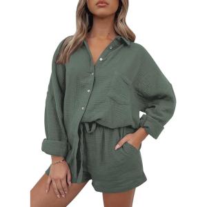 imageAUTOMET 2 Piece Sets For Women Lounge Wear Matching Two Piece Pajama Fashion Oversized Shirts And Shorts Spring Outfit 202501armygreen