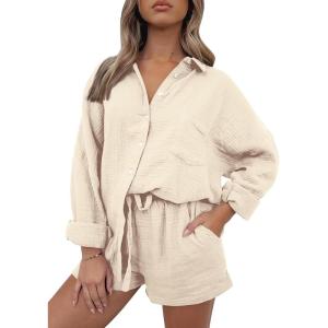imageAUTOMET 2 Piece Sets For Women Lounge Wear Matching Two Piece Pajama Fashion Oversized Shirts And Shorts Spring Outfit 202501beige