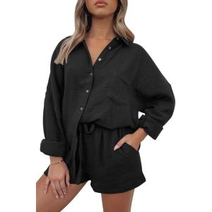 imageAUTOMET 2 Piece Sets For Women Lounge Wear Matching Two Piece Pajama Fashion Oversized Shirts And Shorts Spring Outfit 202501black