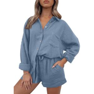 imageAUTOMET 2 Piece Sets For Women Lounge Wear Matching Two Piece Pajama Fashion Oversized Shirts And Shorts Spring Outfit 202501blue