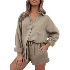 imageAUTOMET 2 Piece Sets For Women Lounge Wear Matching Two Piece Pajama Fashion Oversized Shirts And Shorts Spring Outfit 202501coffeegrey