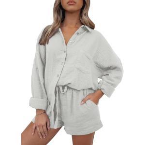 imageAUTOMET 2 Piece Sets For Women Lounge Wear Matching Two Piece Pajama Fashion Oversized Shirts And Shorts Spring Outfit 202501grey