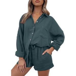 imageAUTOMET 2 Piece Sets For Women Lounge Wear Matching Two Piece Pajama Fashion Oversized Shirts And Shorts Spring Outfit 202501greyblue
