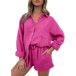 imageAUTOMET 2 Piece Sets For Women Lounge Wear Matching Two Piece Pajama Fashion Oversized Shirts And Shorts Spring Outfit 202501hotpink